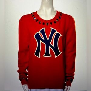 Gucci, graphic, scoop neck red sweater, embroidered, and‎ crystal accents size L